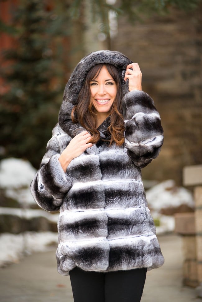 Natural Chinchilla Parka With Hood 32inch black and white