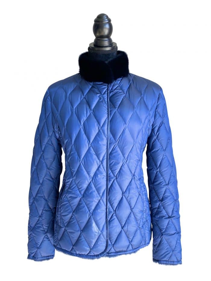 blue front view of Ultra Light Weight Plucked Mink Reversible To Italian Microfiber