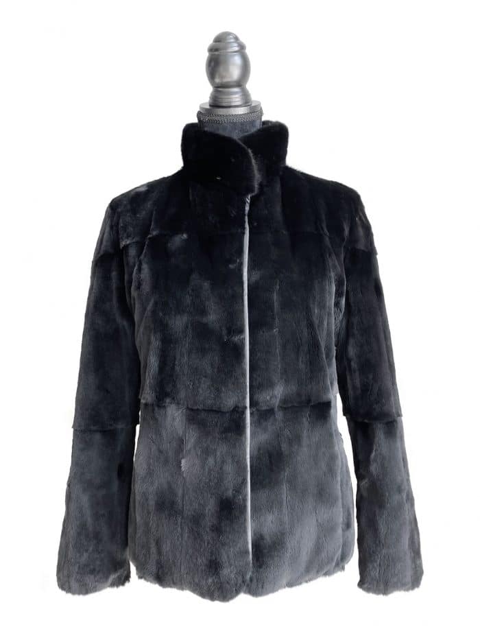 fur side out of black Ultra Light Weight Plucked Mink Reversible To Italian Microfiber