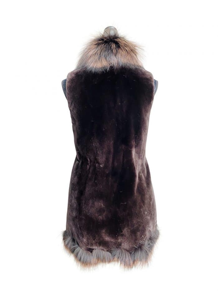 back of a Hand Plucked Sheared Beaver With Dyed Silver Fox Trim Vest