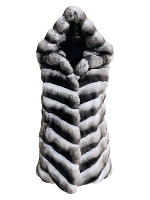 27" Natural Chinchilla Vest With Fully Lined Hood front view
