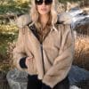 Sheared Mink With Natural Chinchilla Tuxedo Collar on woman standing outside with sunglasses on
