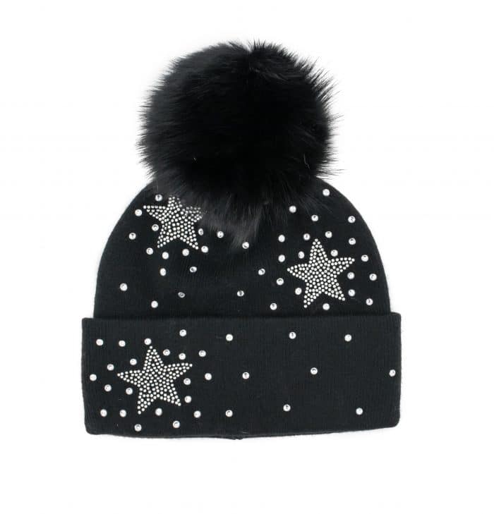 Scattered Star Hat with Fox Pom Pom black