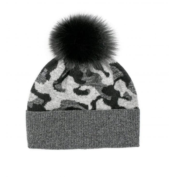 Camouflage Hat with Fox Pom Pom - Grey/Black