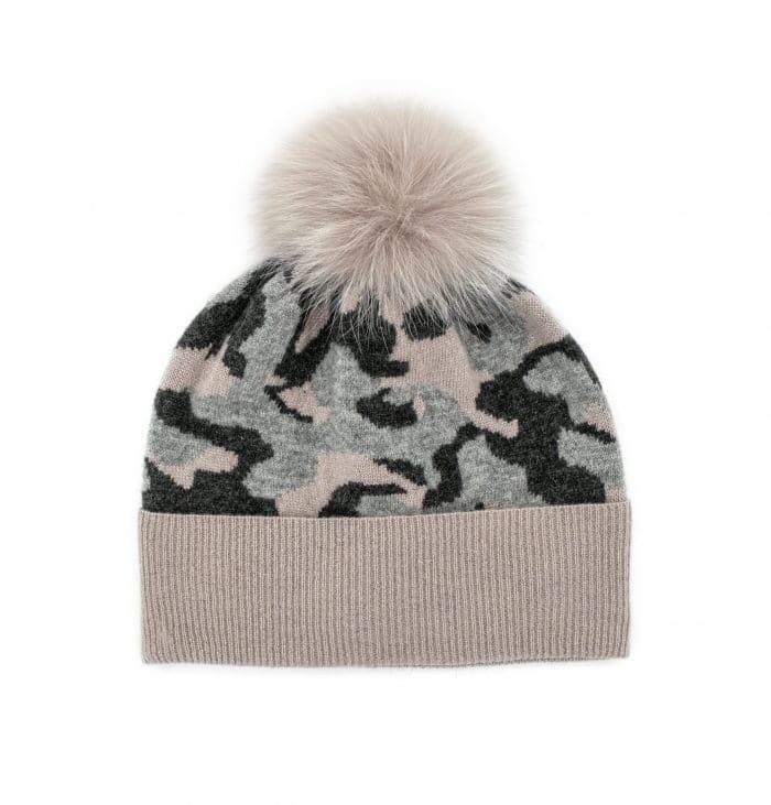 amouflage Hat with Fox Pom Pom - Charcoal/Pink