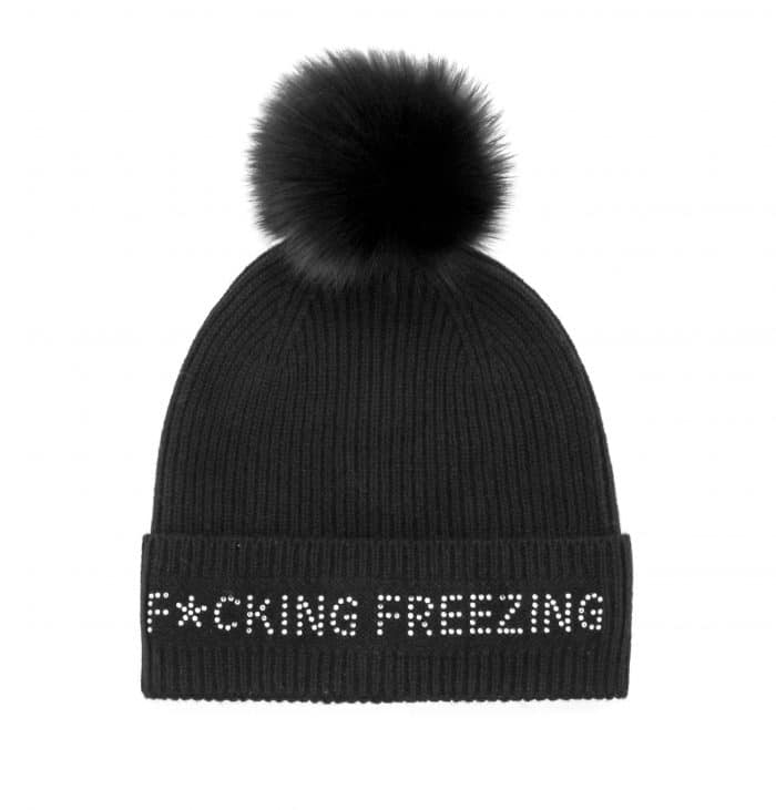 "FREEZING" Hat with Fox Pom Pom - Black