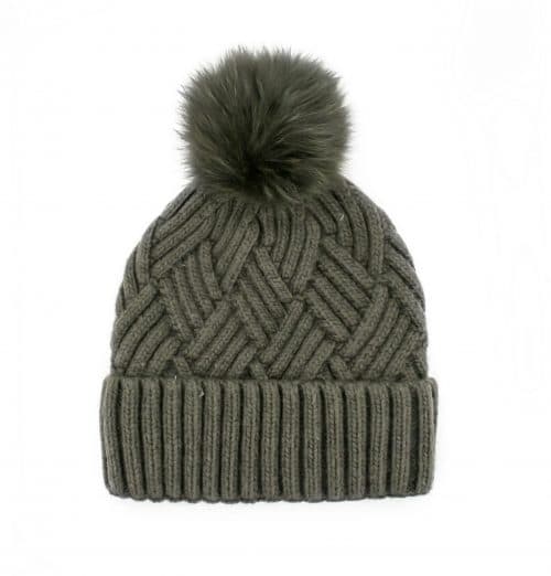 Wool Blend Knitted Hat with Fox Pom Pom - Khaki