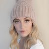 Wool Blend Knitted Hat with Fox Pom Pom