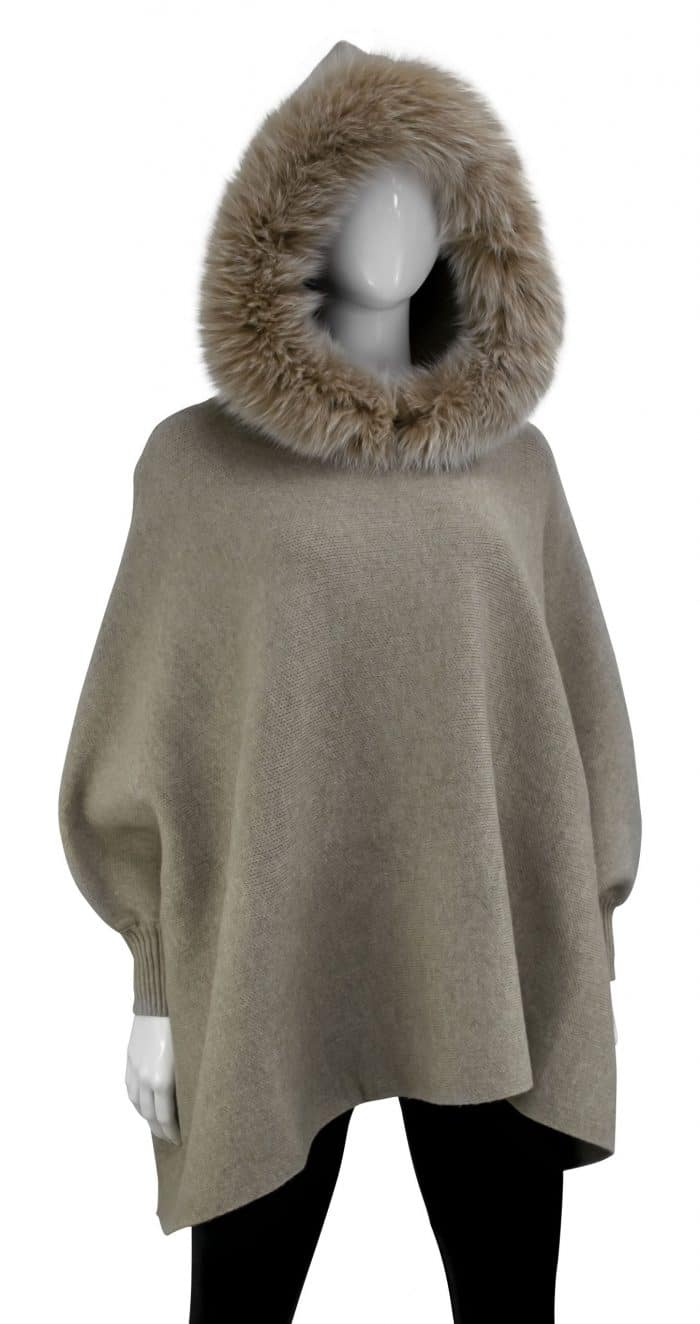 Wool Blend Pullover Poncho Sweater With Fox Trimmed Hood tan