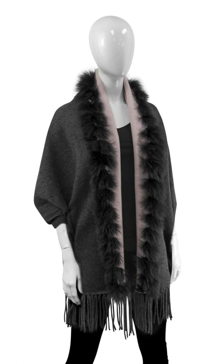 Wool Sweater Cape Reversible With Fringes & Fox Trim dark gray