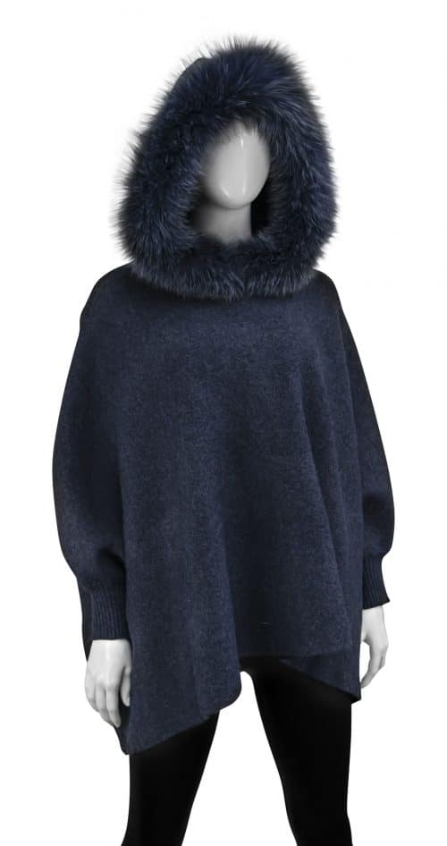 Wool Blend Pullover Poncho Sweater With Fox Trimmed Hood blue