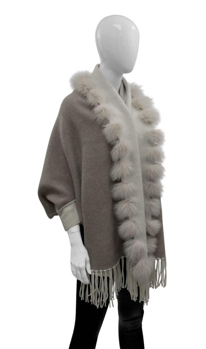 Wool Sweater Cape Reversible With Fringes & Fox Trim light gray