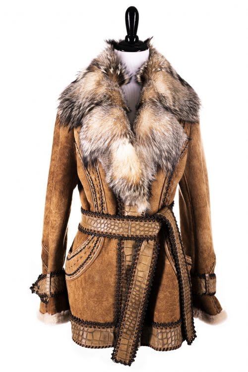 30” Distressed Whiskey Shearling With Grey Fox Collar, By Fontani Made in Italy front view