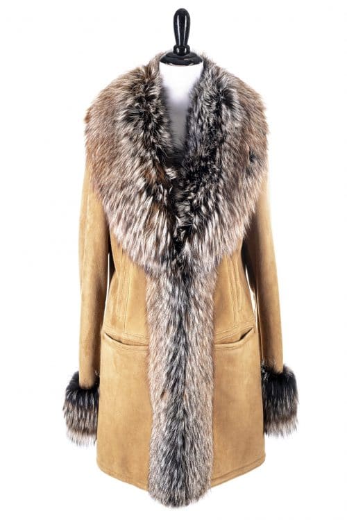 front view 33” Suede Shearling With Dyed Silver Fox Trim