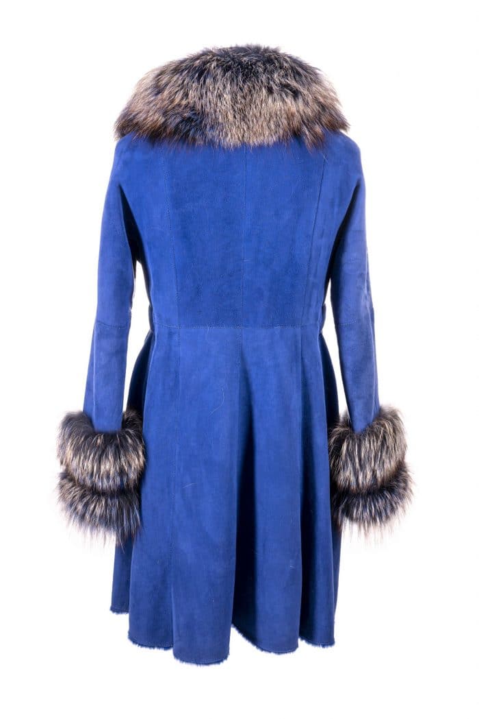 41” Merino Shearling with Dyed Silver Fox Collar and Cuff Dyed to Match back view blue