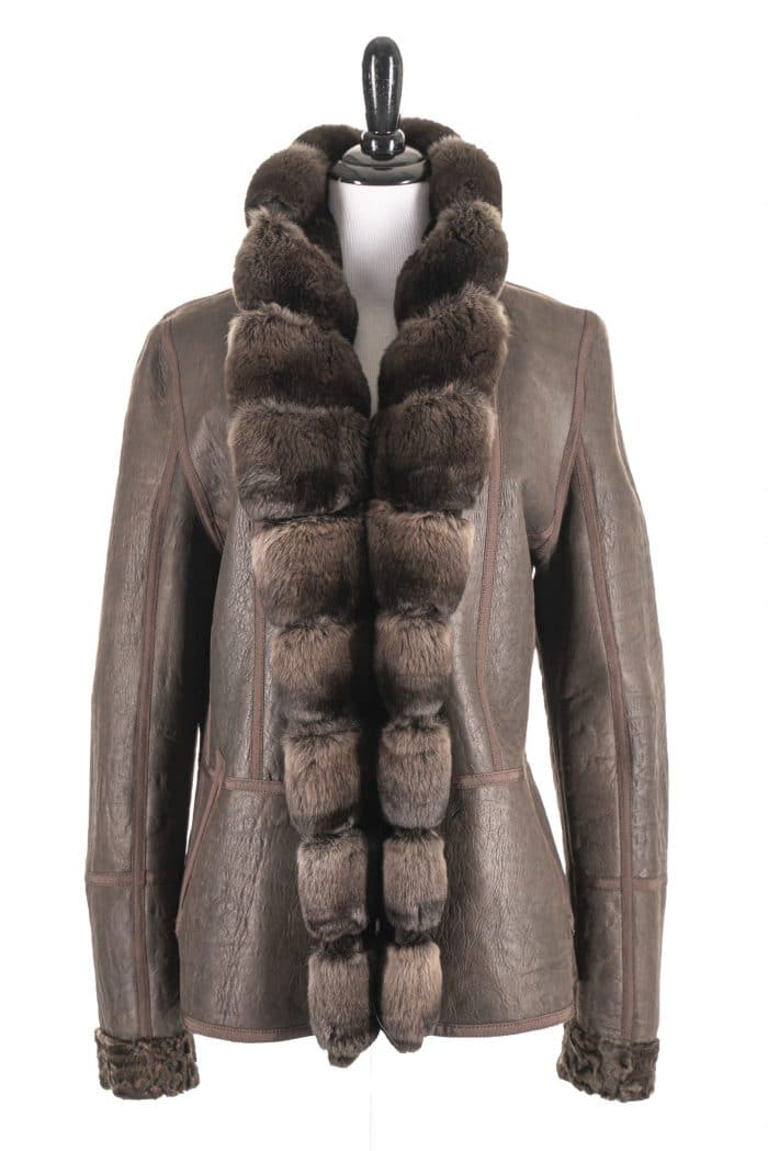 Russian Broadtail Reversible to Shearling with Dyed Chinchilla Tuxedo collar front
