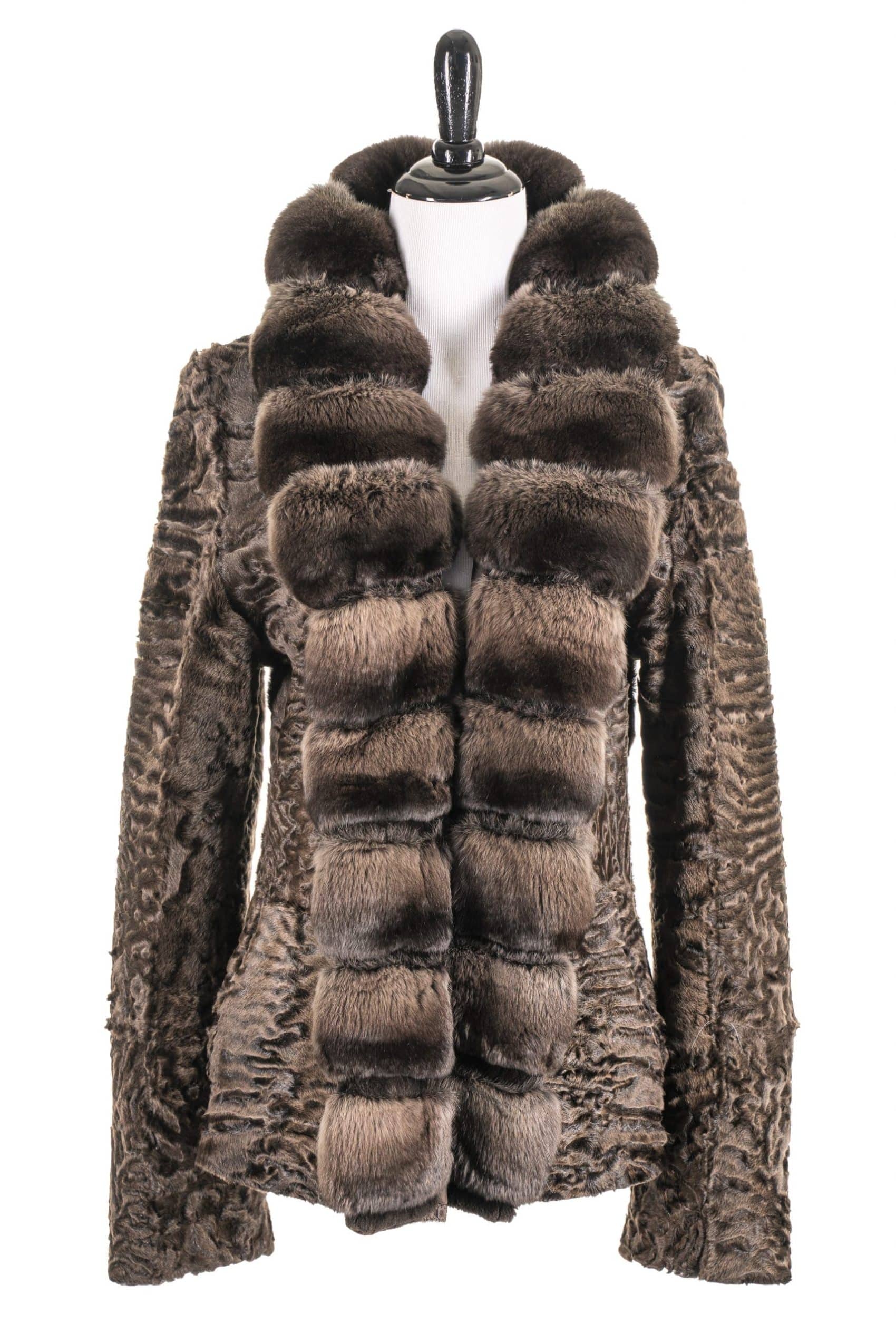 brown ussian Broadtail Reversible to Shearling with Dyed Chinchilla Tuxedo collar