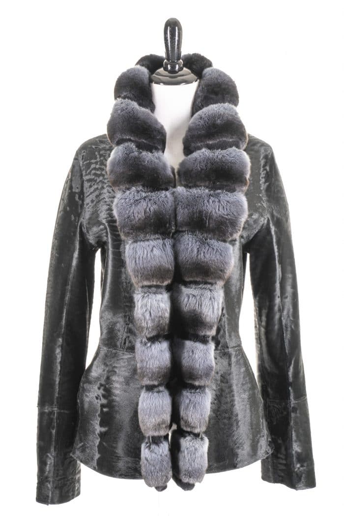 Russian Broadtail Reversible to Shearling with Dyed Chinchilla Tuxedo collar