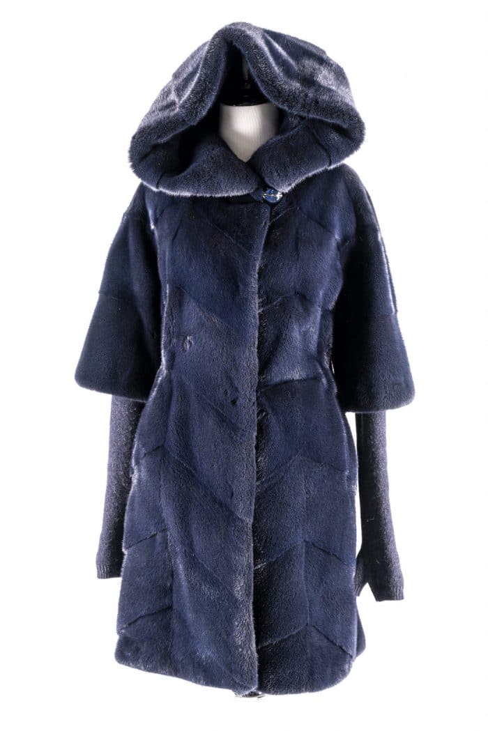 34” Chevron Mink With Detachable Cashmere Sleeves front view blue