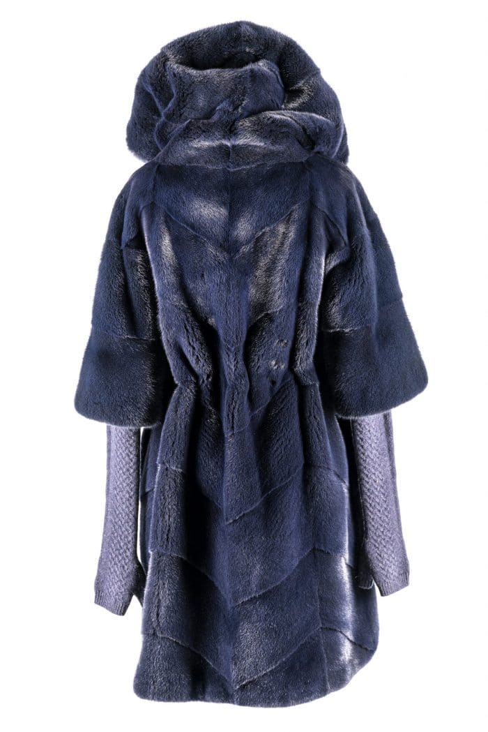 34” Chevron Mink With Detachable Cashmere Sleeves back view blue