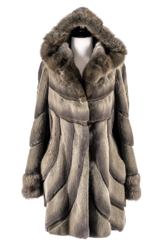 Longhaired Mink Body With Sheared Mink Inserts and Russian Sable Trimmed Hood and Cuffs