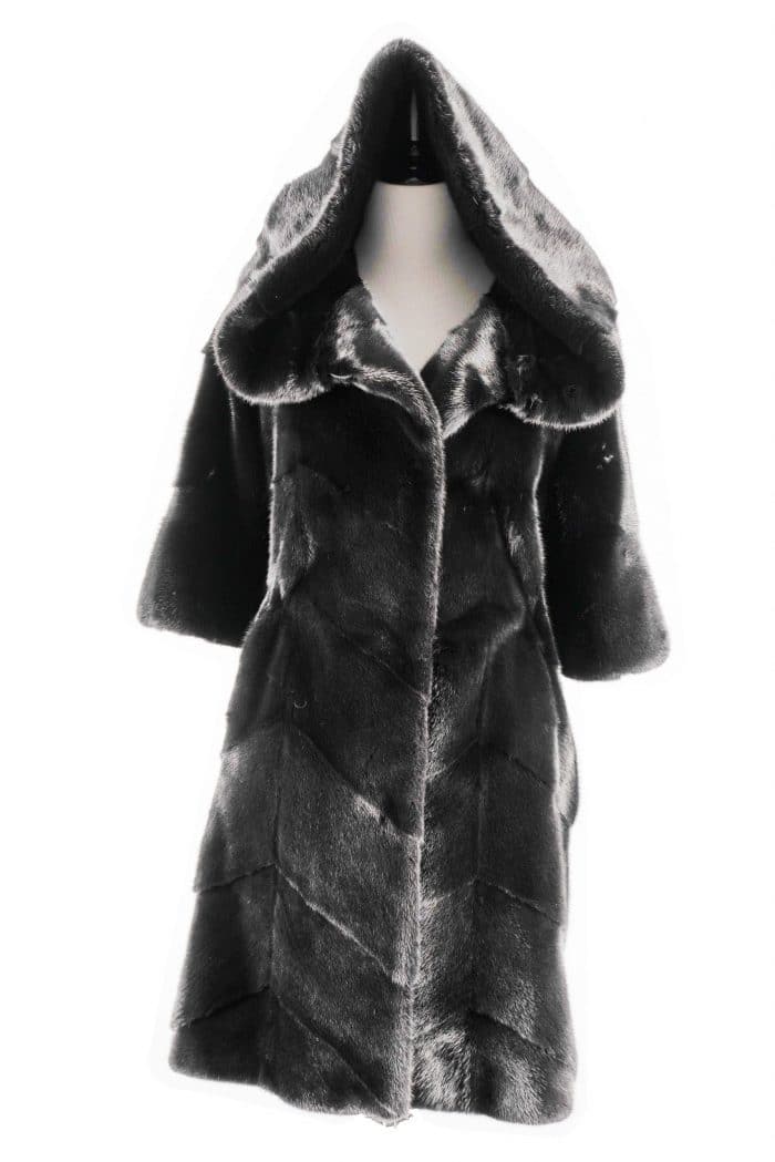 34” Chevron Mink With Detachable Cashmere Sleeves front view black