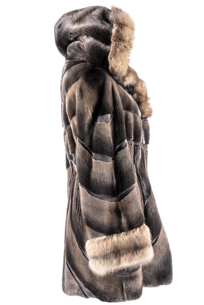 34" Natural Longhaired Mink Body With Sheared Mink Inserts and Russian Sable Trimmed Hood and Cuffs