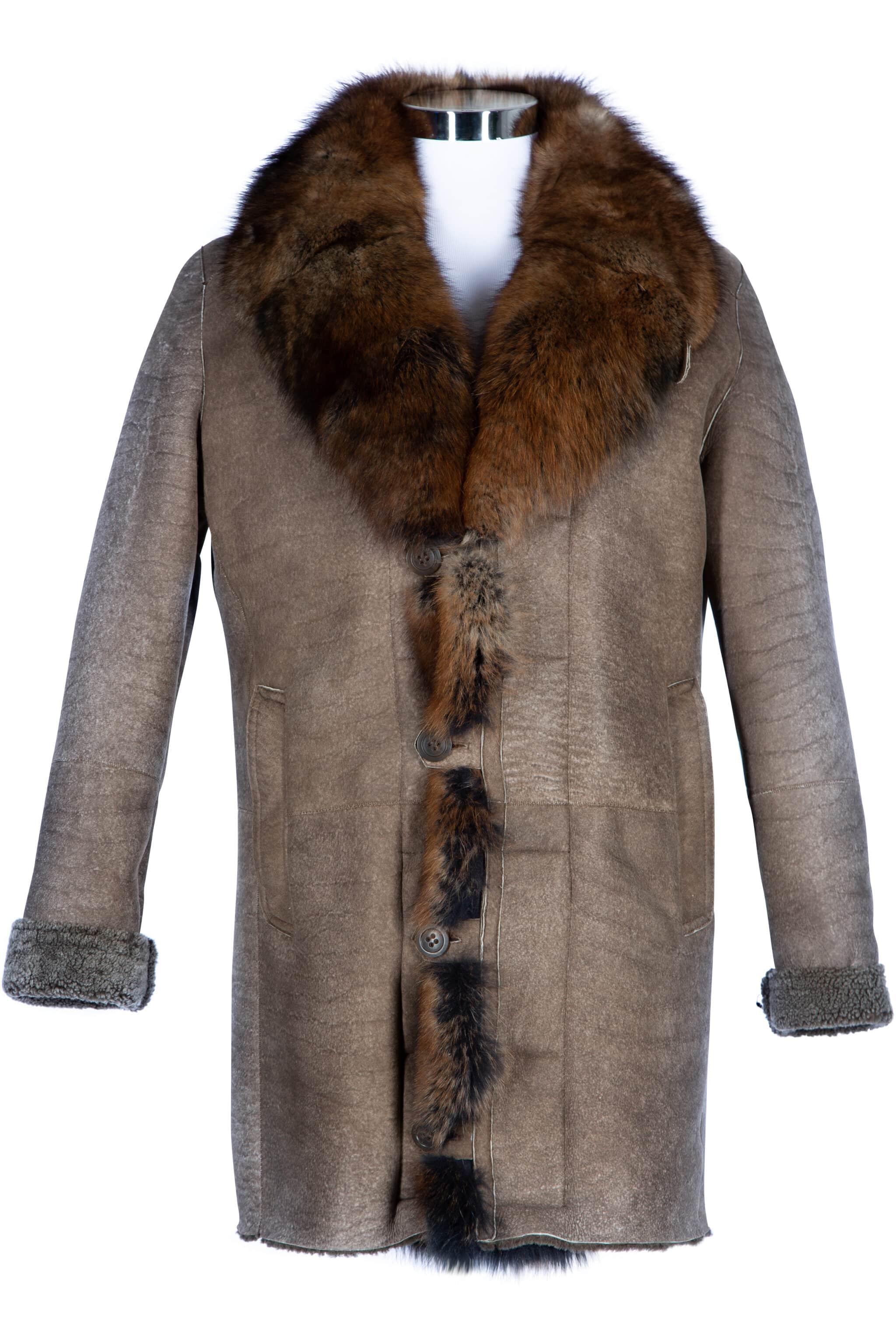 35” Distressed Curly Lamb Shearling w/ Fox front view