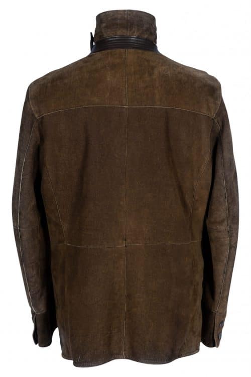 back of a mans hand tanned herringbone Italian made Shearling jacket