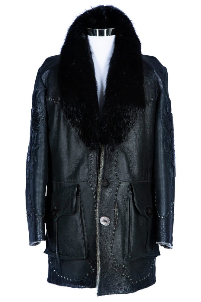 34" Mens Shearling with beaver collar and gator accents front view