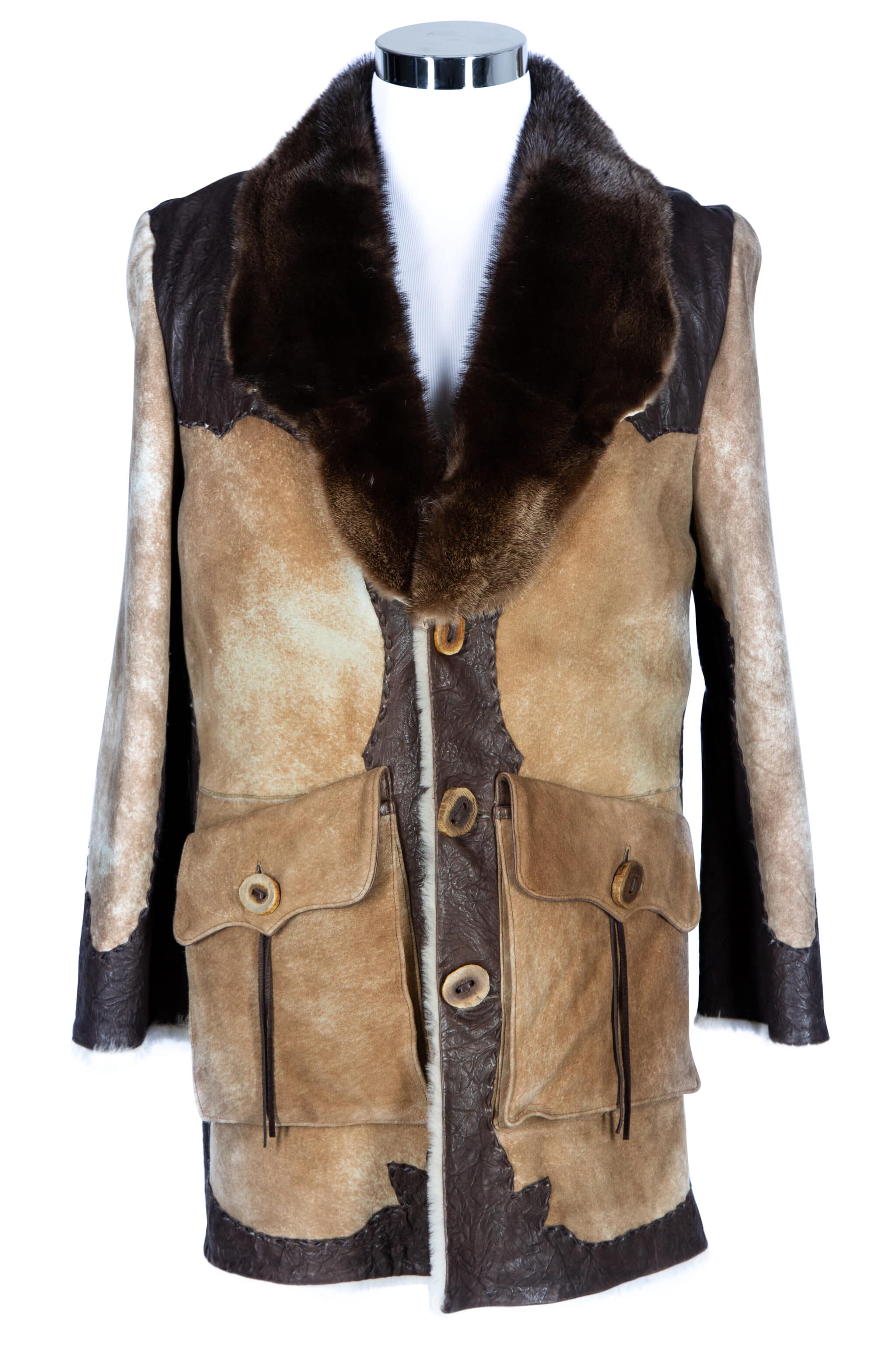 front view Mountain man distressed shearling with river otter collar