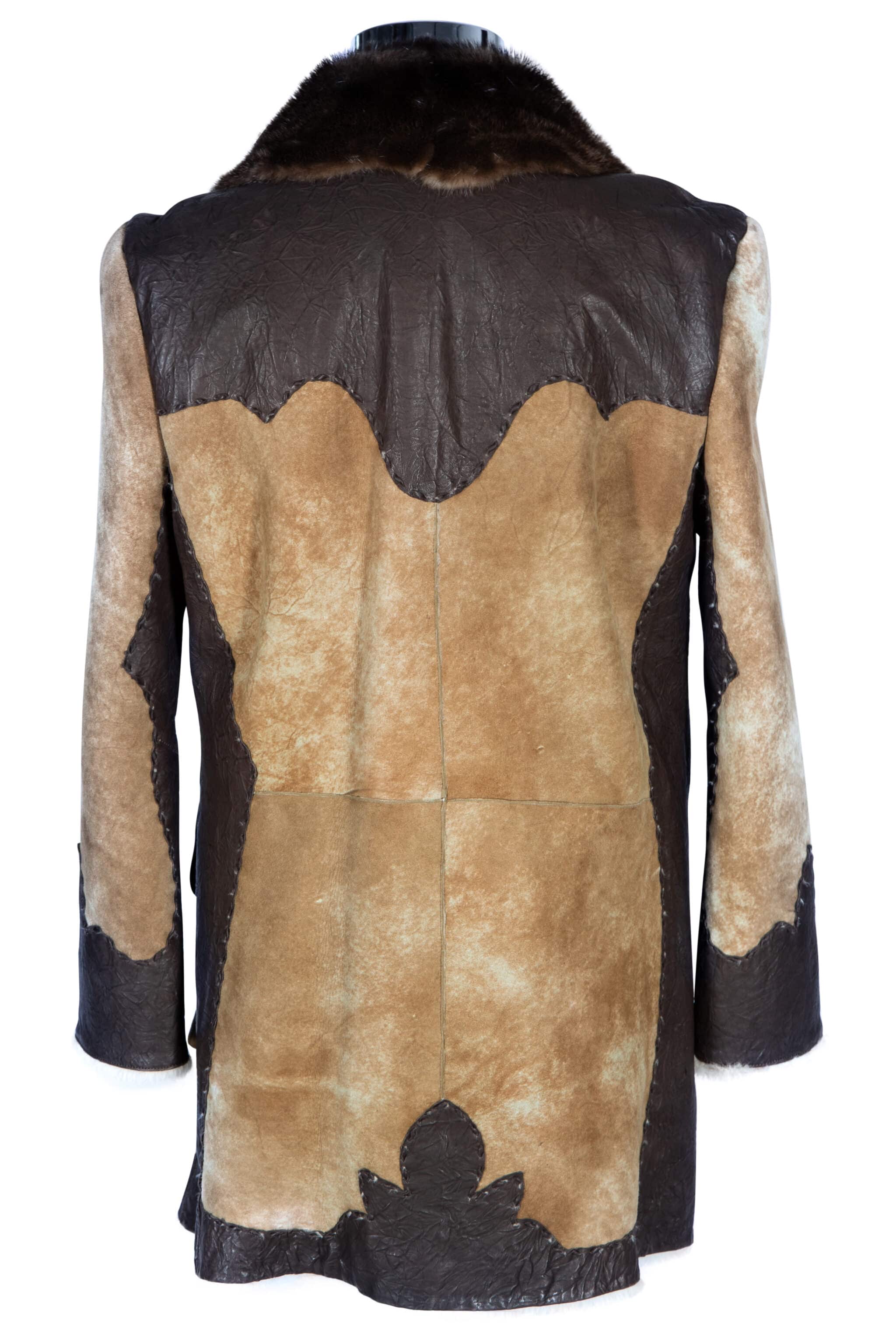 back view Mountain man distressed shearling with river otter collar