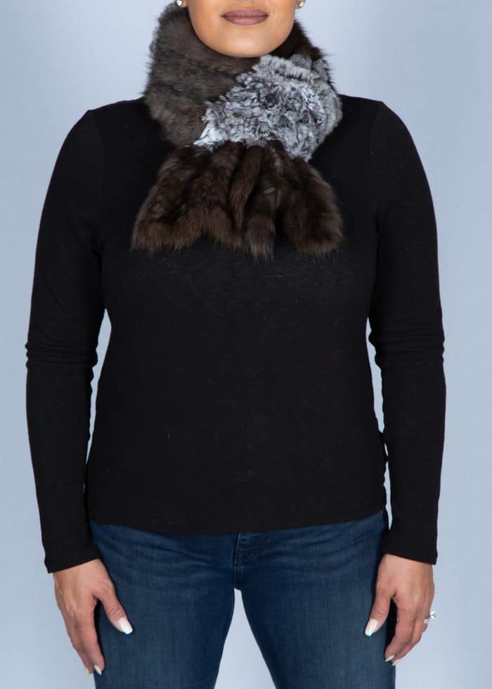 thick fur scarf on a woman in a black shirt