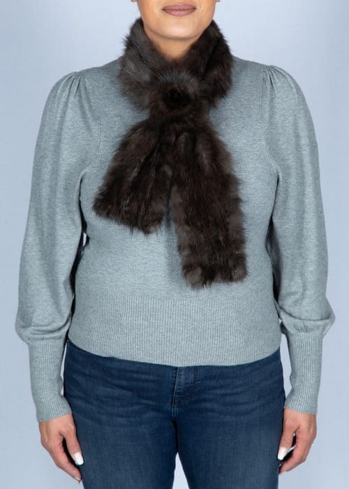Natural Russian Sable Knitted Crossover Scarf with Rosette