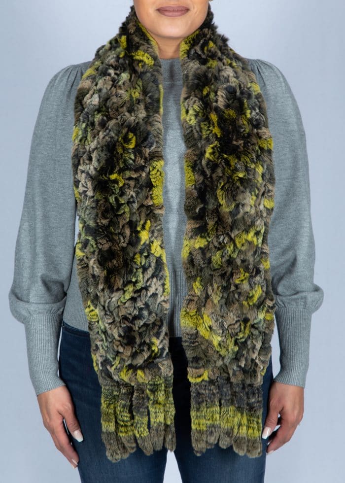 yellow and gray puffy scarf on woman