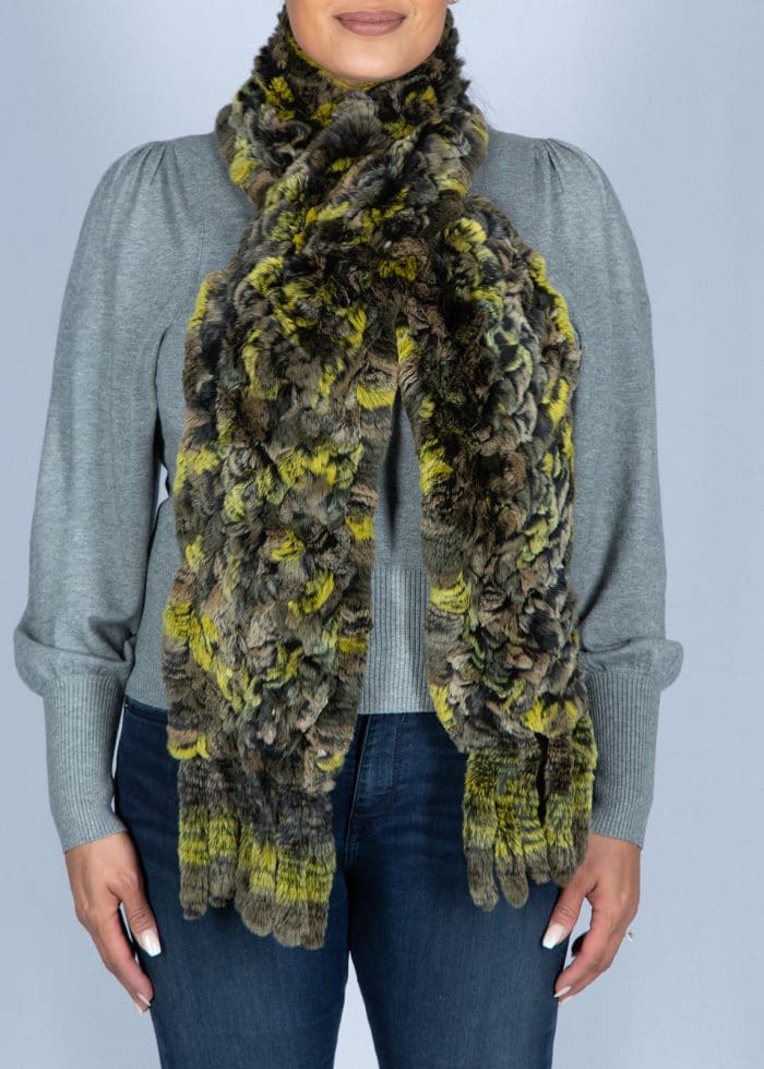 yellow and gray puffy scarf crossed on woman