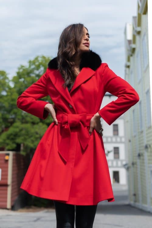 Loro Piana Super Fine red Wool with Detachable Black Fox Collar