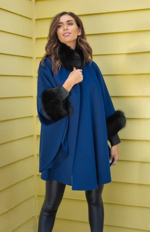 Loro Piana Super Fine blue Wool Cape with Black Fox Trim