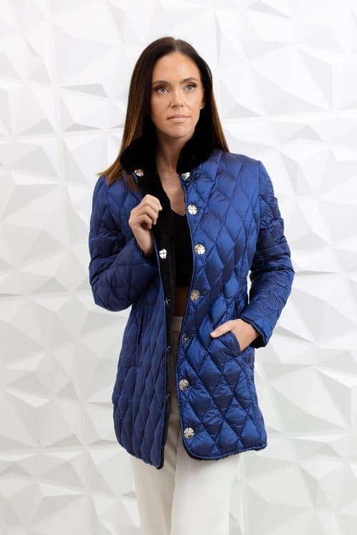 Ultra light weight Plucked Mink reversible to Rainwear in blue with black fur