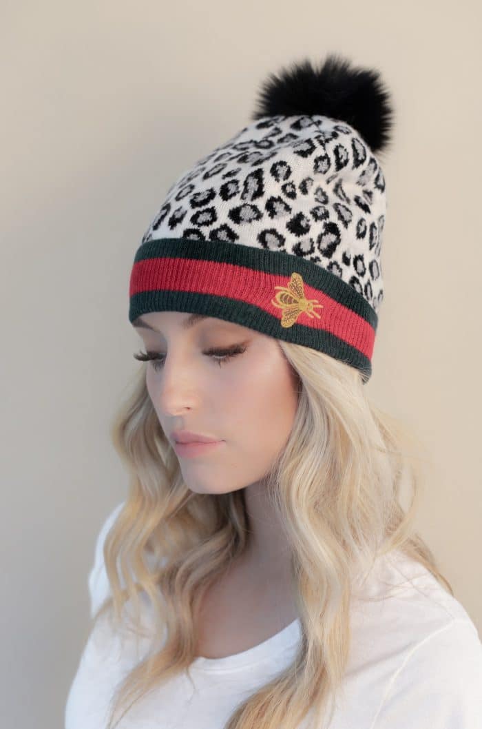 EMBROIDER ANIMAL PRINT HAT WITH FOX POM