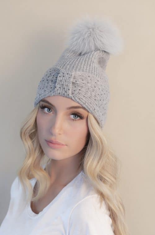 KNIT HAT WITH 4 INCH BOW AND CRYSTAL TURN BACK CUFF 9 INCH HEIGHT LENGTH