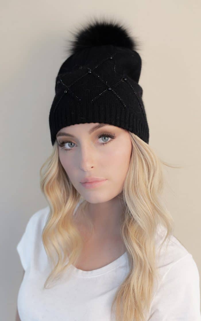 DIAMOND WEAVE BEANIE WITH CRYSTAL DETAIL