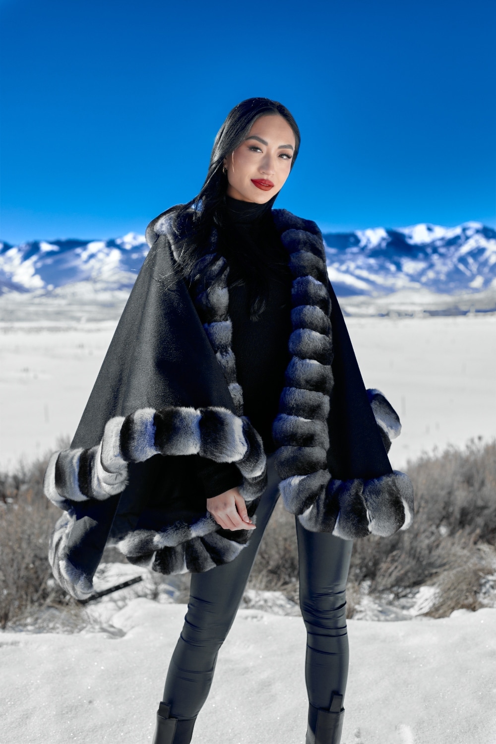 Cashmere cape with Empress Chinchilla trim - Sitka Fur Gallery