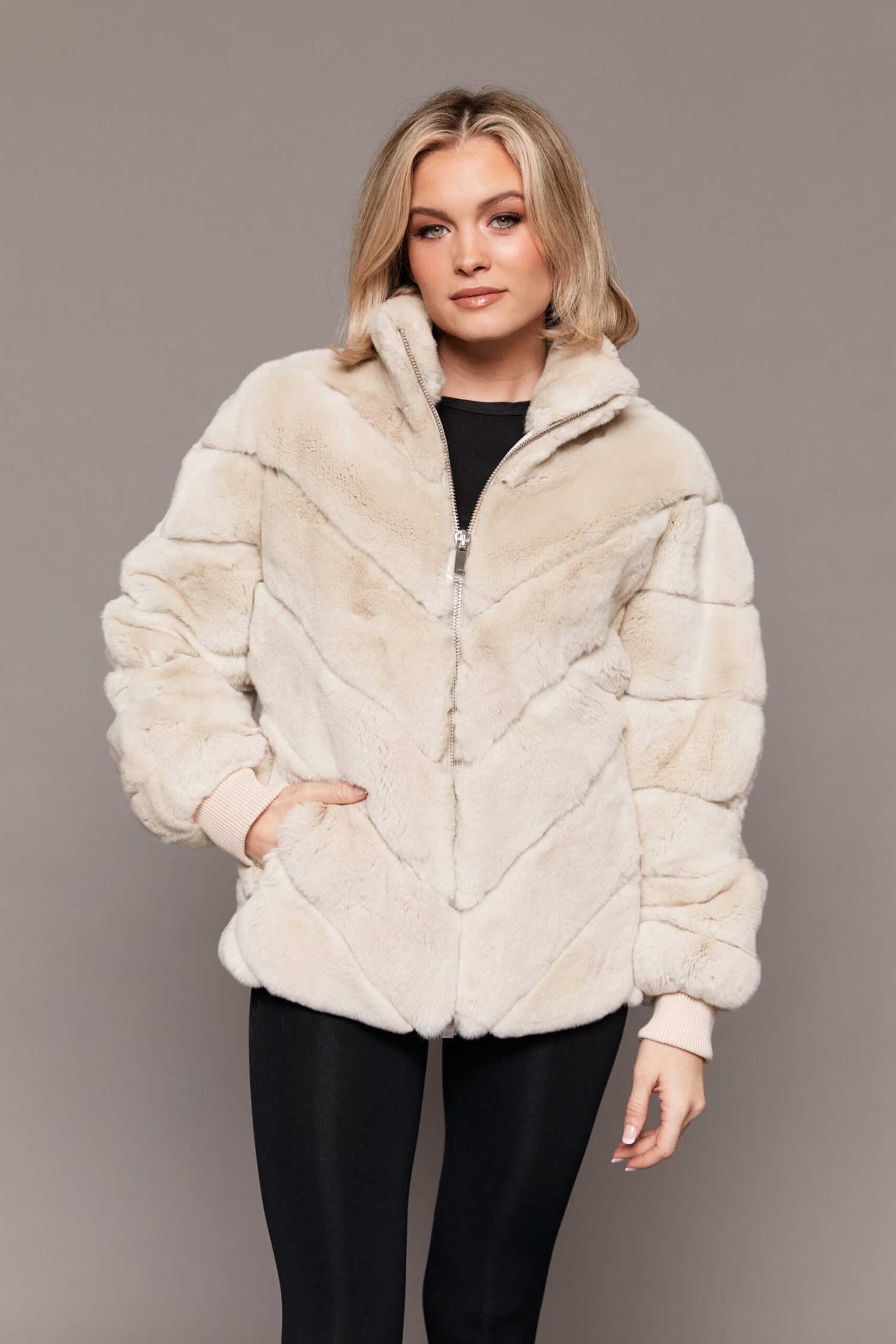 The Amanda VIP Rex Rabbit Jacket with Chevron Design - Vanilla - Front