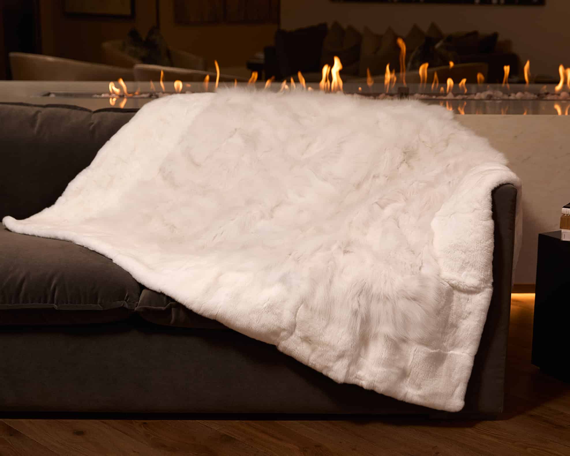 Sculpted Shadow Fox Blanket with White Chinchilla Rex Trim - Sitka
