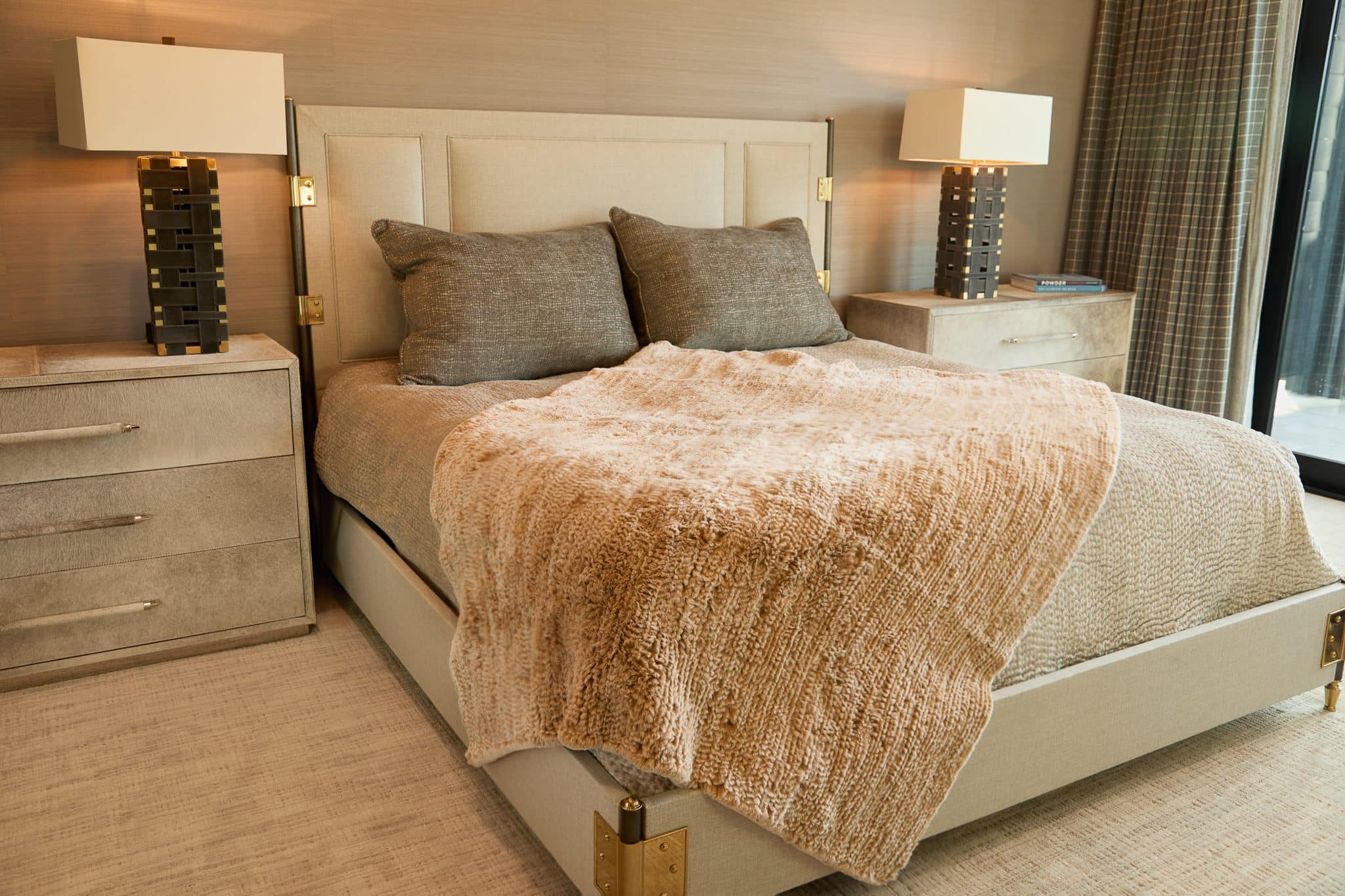Knitted Chinchilla Rex Blanket - Tan - Draped over bed