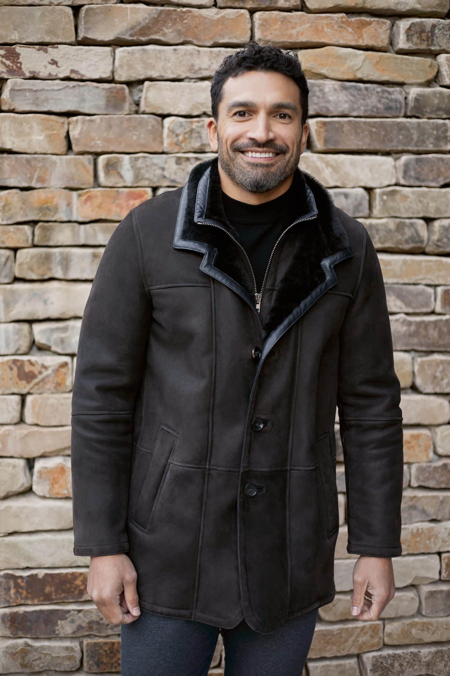 The Calvin - Merino Shearling Coat with Double Panel Closure - Navy - Front
