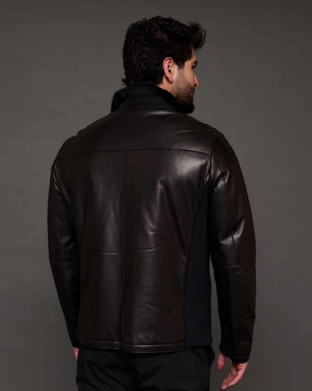 The Walter - Suede Lamb Shearling Jacket with Knit Paneling - Black - Back
