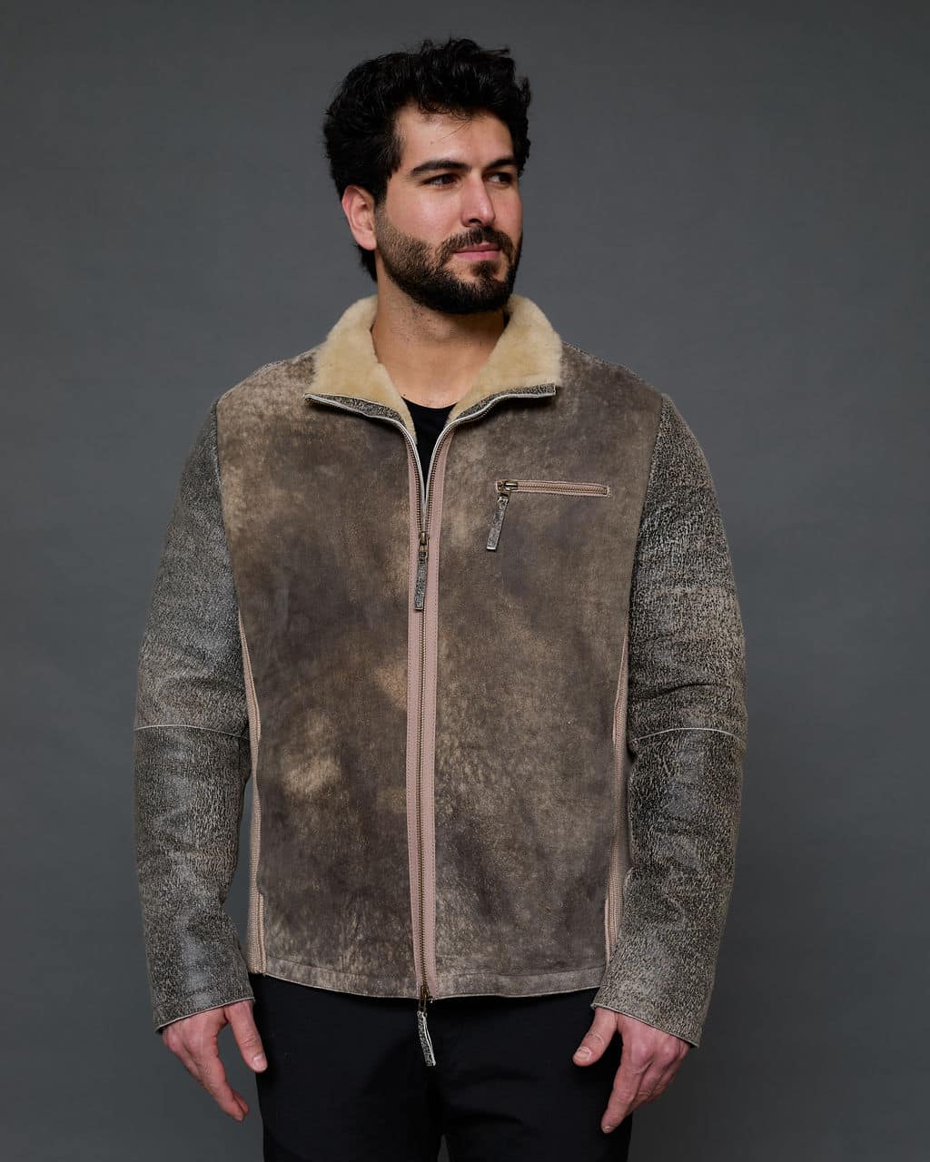 The Walter - Suede Lamb Shearling Jacket with Knit Paneling - Beige - Front