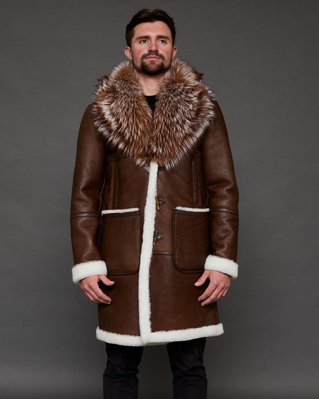The George shearling coat with fox collar - Tan - Front